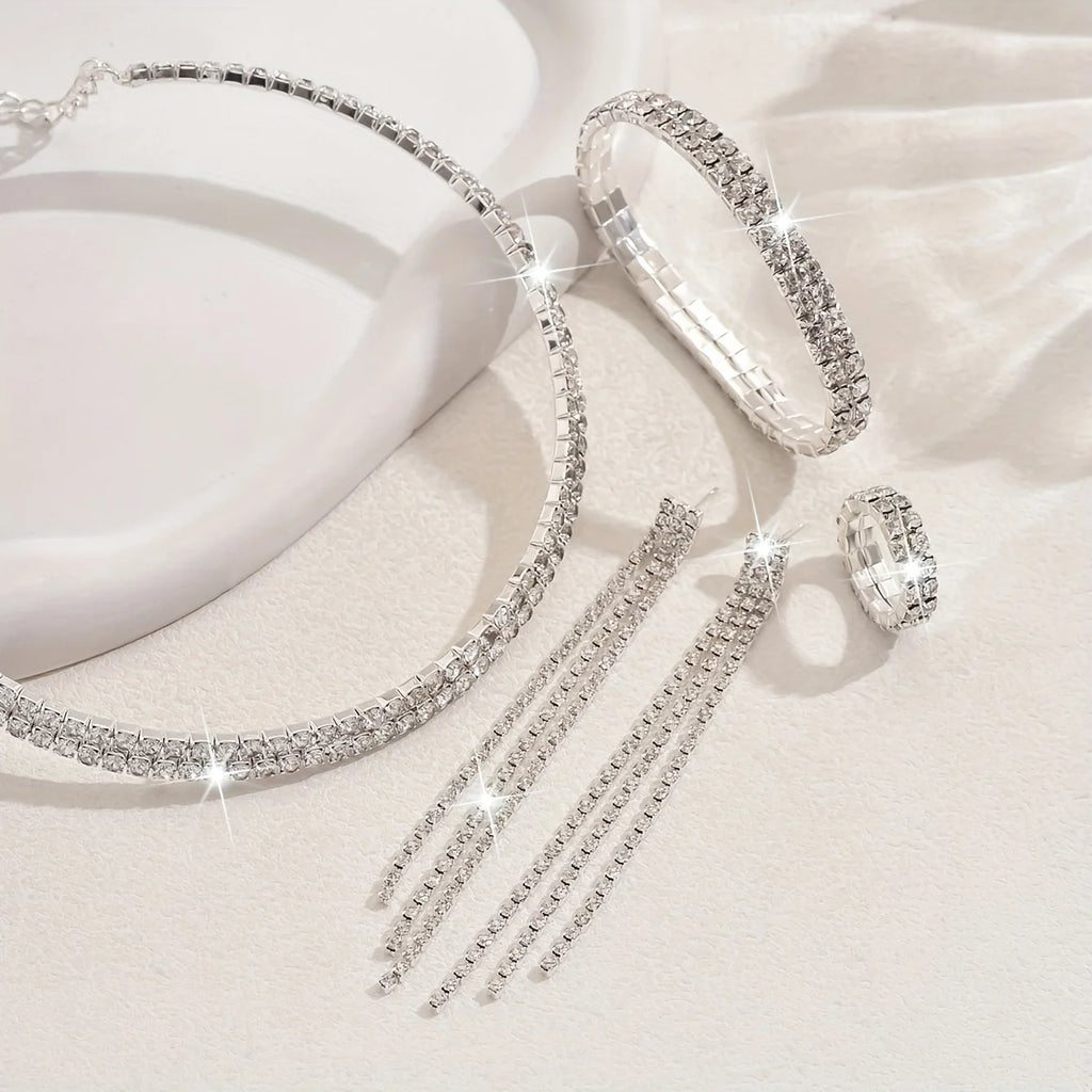 5pcs Luxurious Rhinestone Jewelry Set for Women,Choker, Earrings, Stretch Bracelet & Ring for Weddings, Banquets & Parties